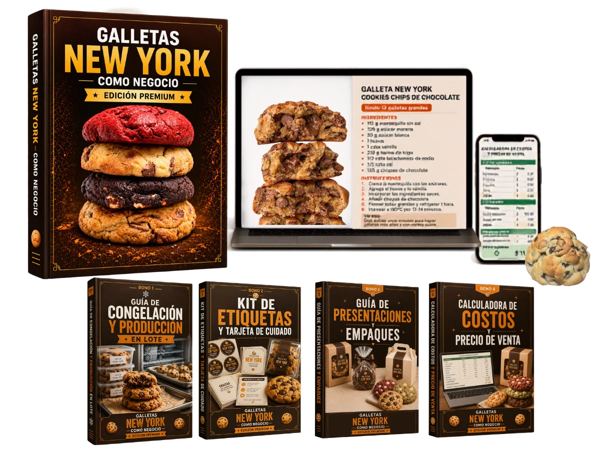 Composición del paquete completo: recetario New York Cookies en libro, tablet y portátil junto a las cuatro guías de bonos