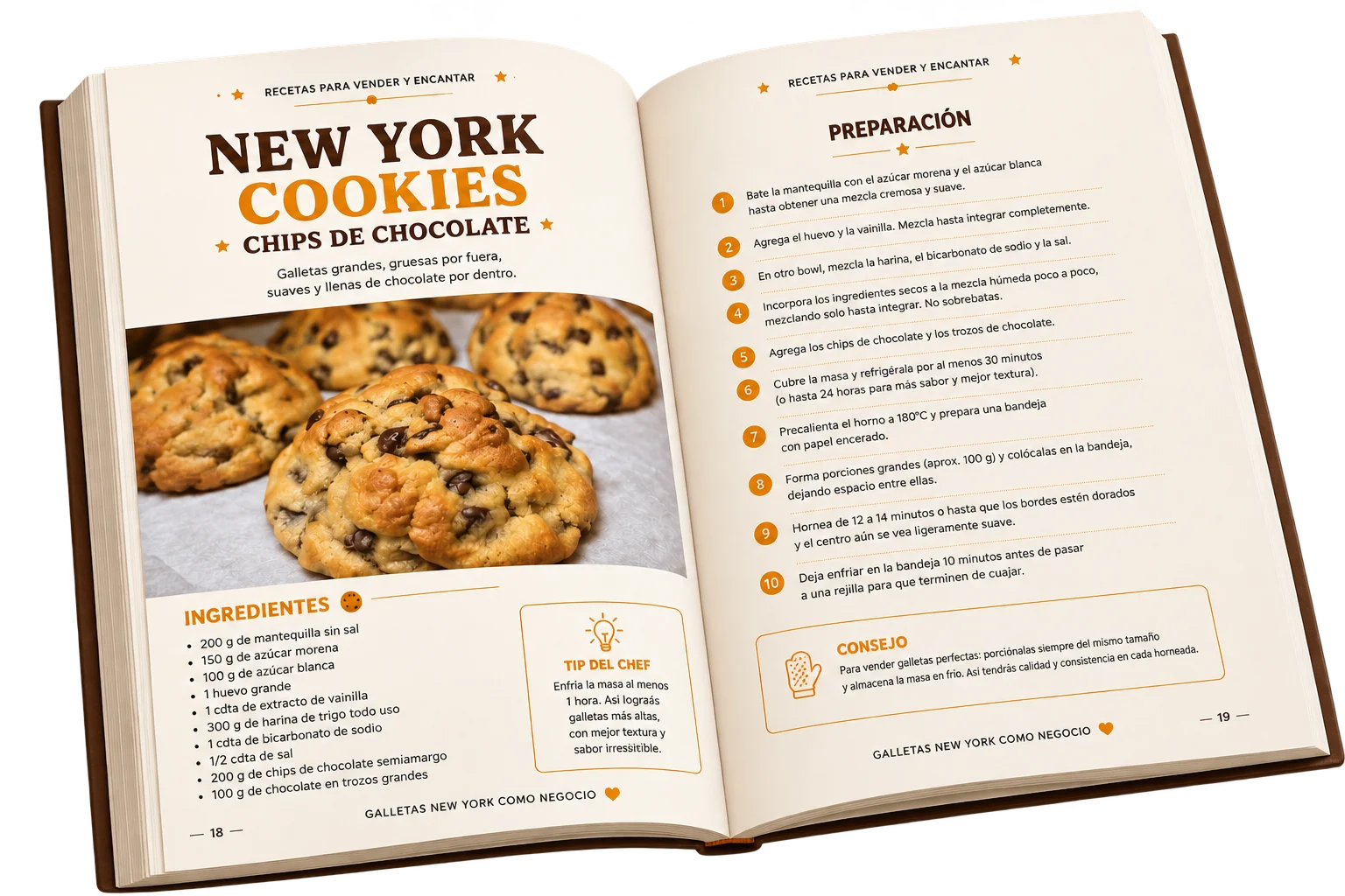 Libro abierto del recetario New York Cookies mostrando una receta con ingredientes y preparación